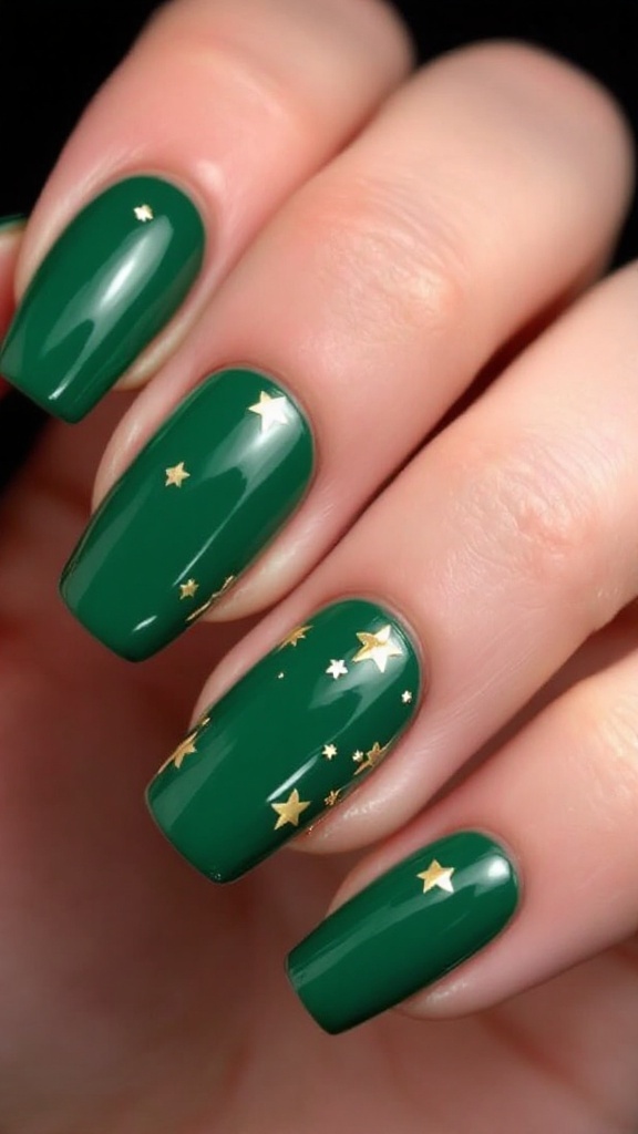 Emerald green nail art with gold star accents