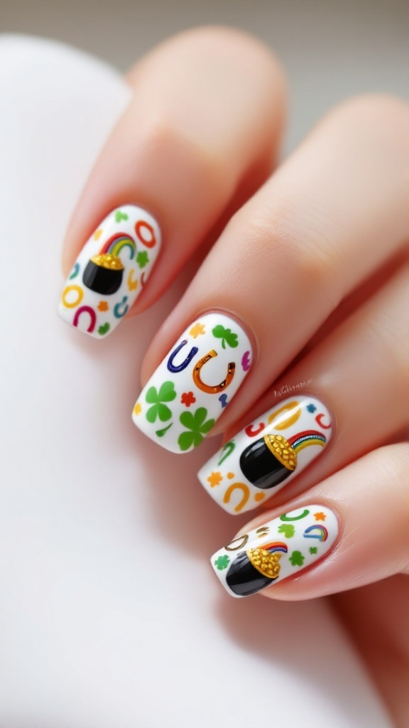 Nail art featuring shamrocks, horseshoes, and pots of gold for St. Patrick's Day.