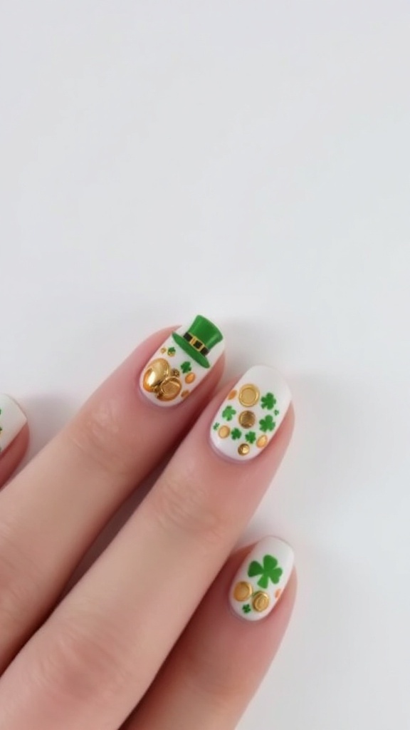 Nails decorated with green and white designs, including shamrocks, a leprechaun hat, and gold coins.