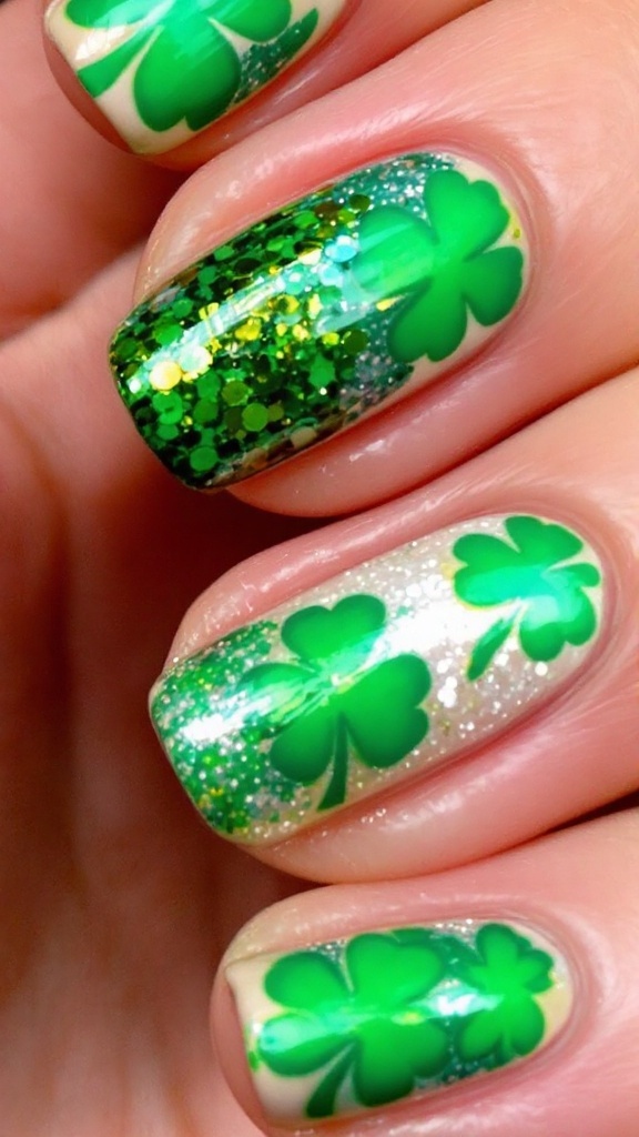 Green shamrock nail art on a light background.