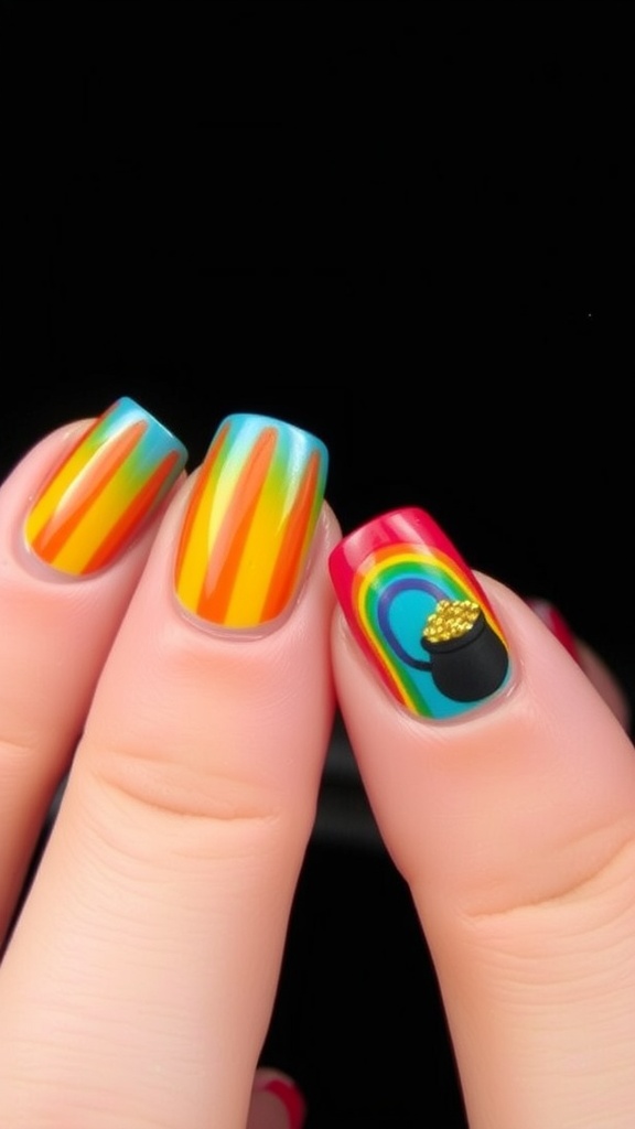 Colorful rainbow nail art design with a pot of gold.