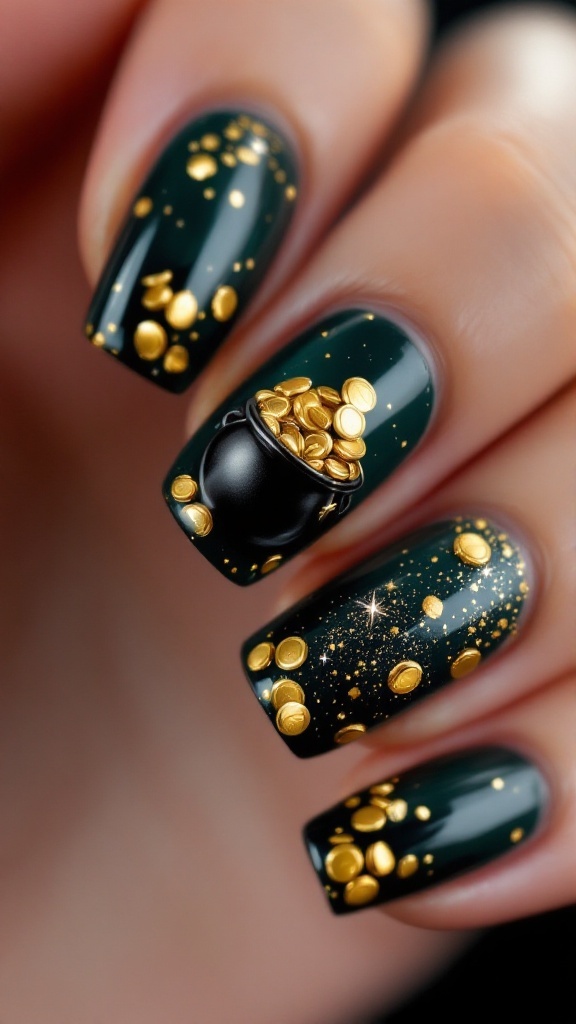 Nail art design featuring a black nail with gold coins, representing a pot of gold theme for St. Patrick's Day.