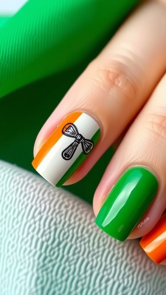 Nail art featuring the Irish flag colors and a bow design