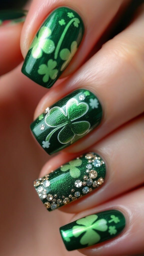 Nails decorated with four leaf clover designs in green.