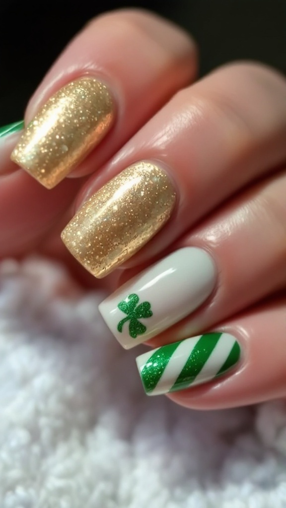 Nail art featuring gold glitter with green accents for St. Patrick's Day.