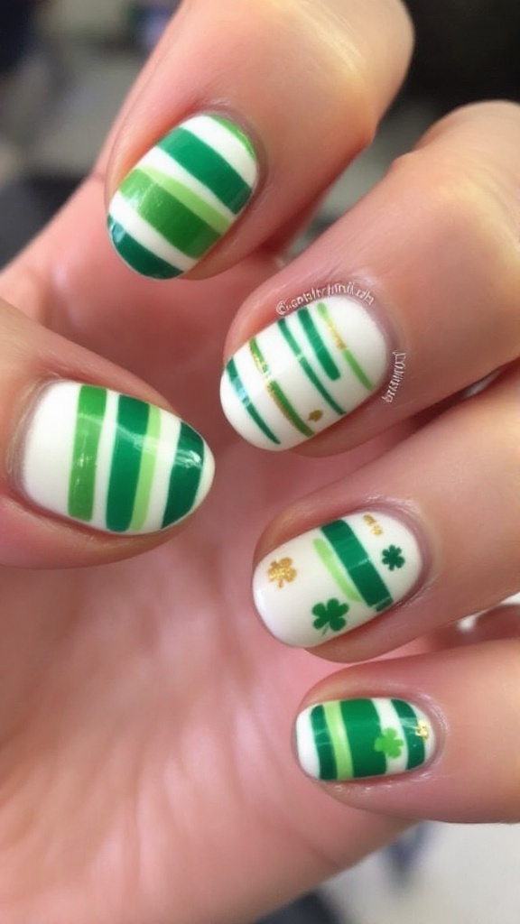 Nail design featuring green and white stripes with shamrock patterns for St. Patrick's Day.