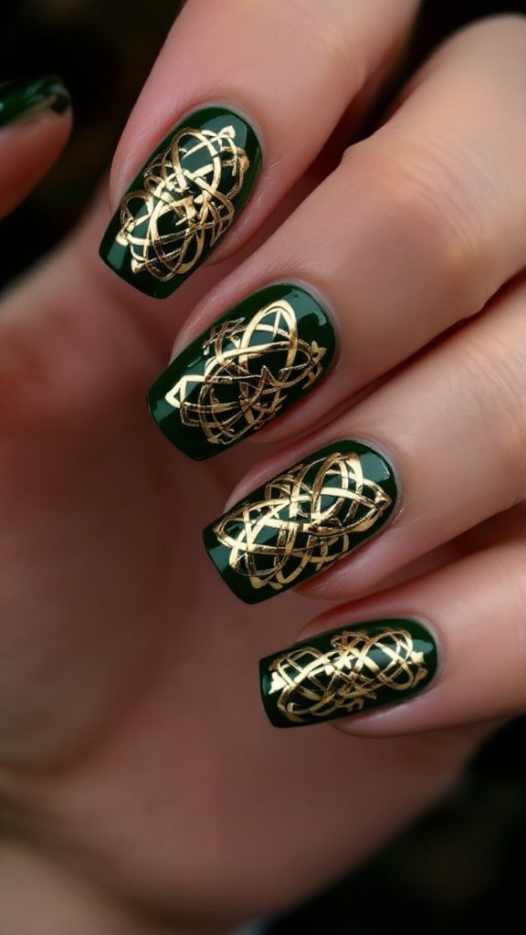 Celtic knot nail art featuring intricate designs in green and gold.