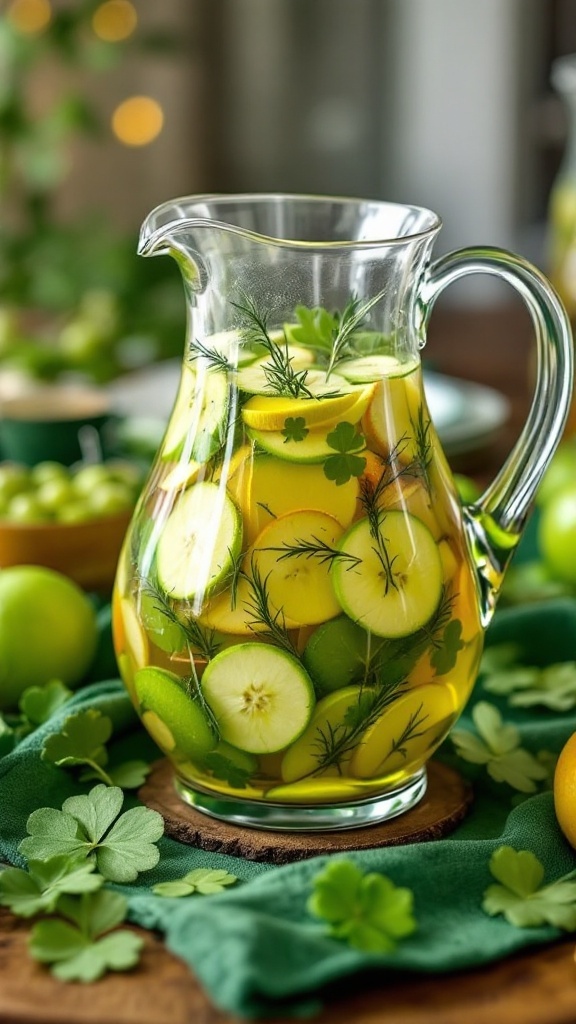 A pitcher of Apple Cider Green Sangria with apple and lemon slices and fresh mint.