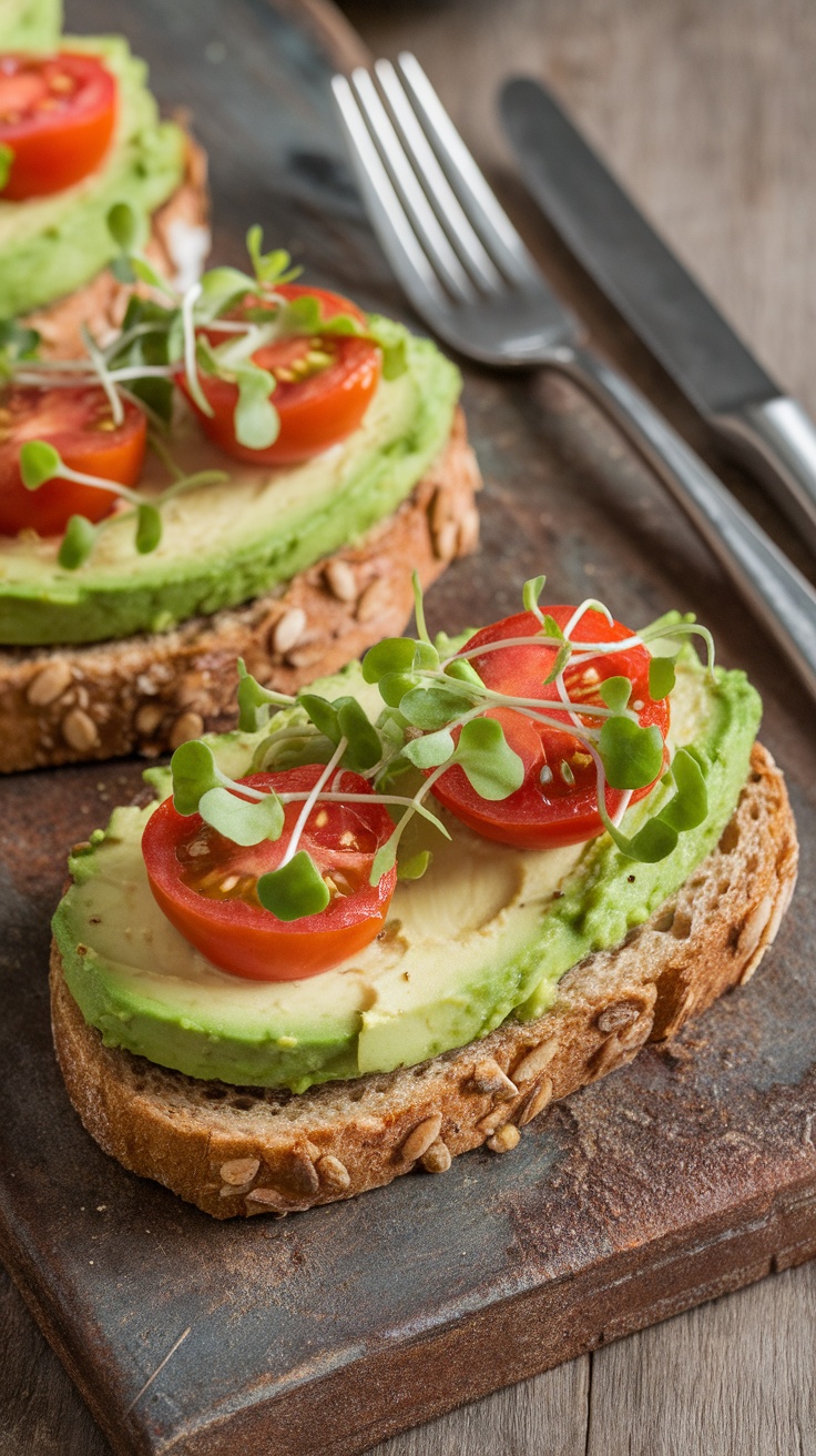 Avocado toast topped with cherry tomatoes and fresh herbs on wooden cutting board