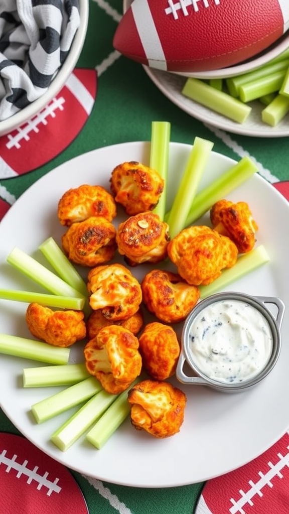 A platter of baked buffalo cauliflower bites served with celery sticks and dipping sauces.