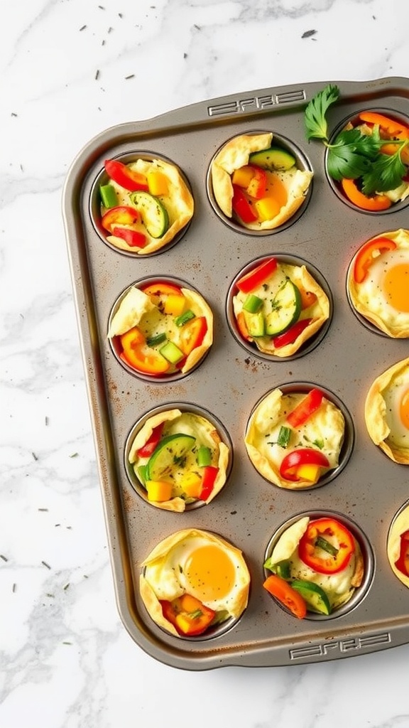 Baked egg muffins with various colorful vegetables in a muffin tin