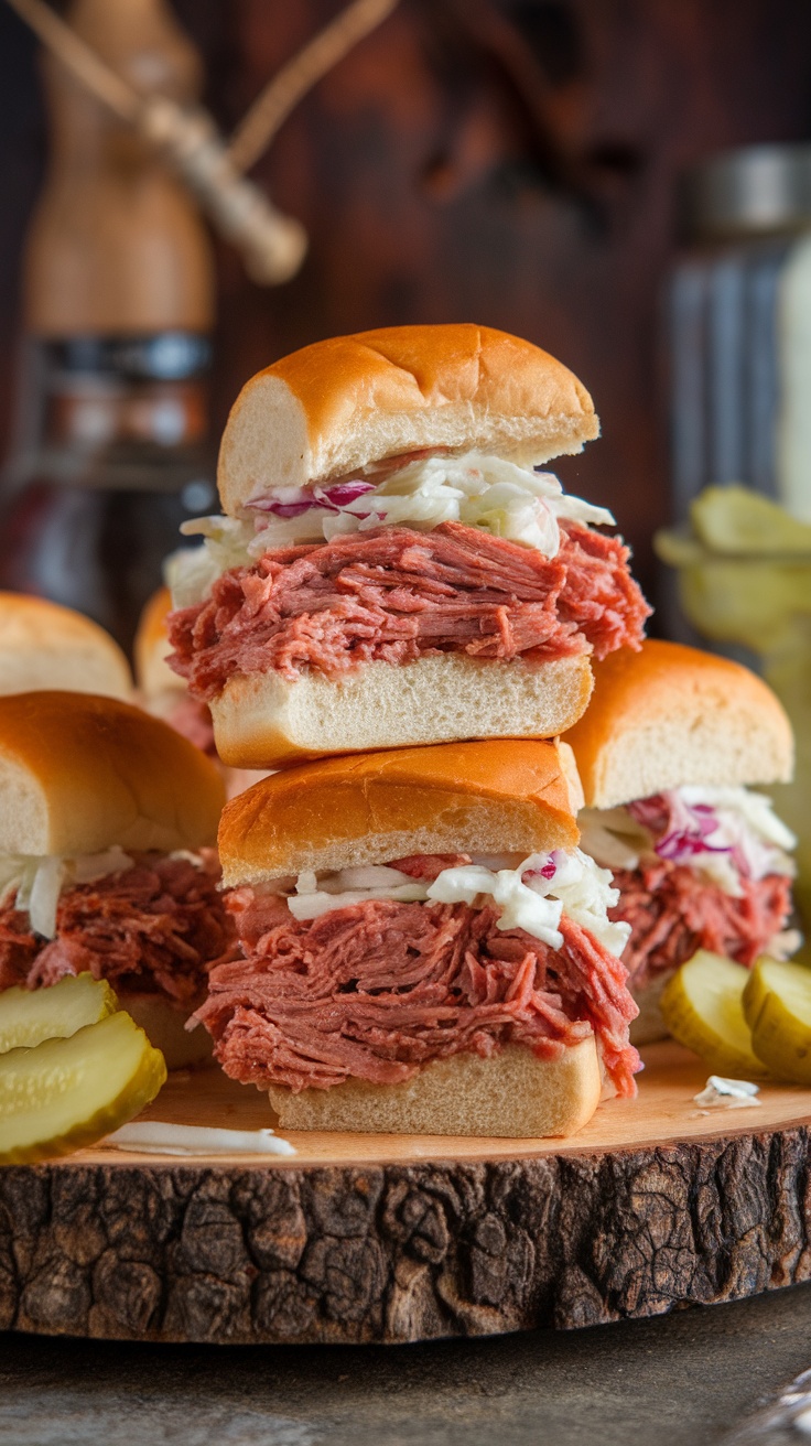 BBQ pulled pork sliders stacked with coleslaw on top, served with pickles.