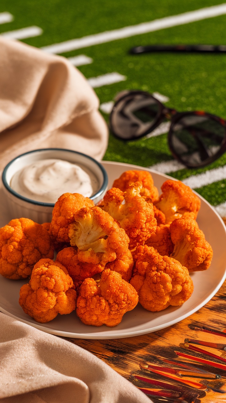 Plate of buffalo cauliflower bites with dipping sauce