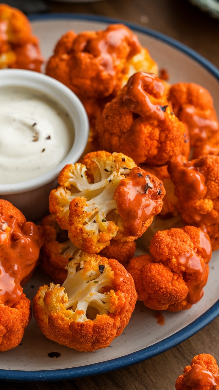 Buffalo Cauliflower Bites served with white dipping sauce.