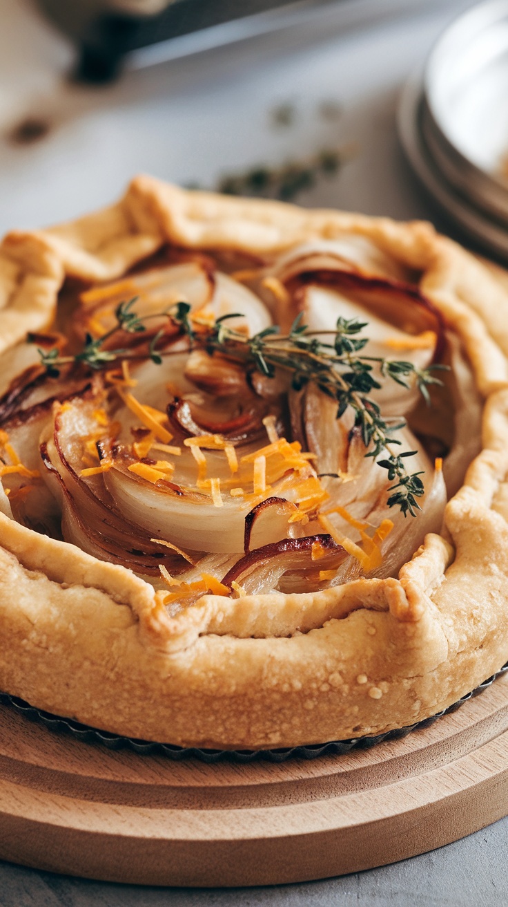 A delicious caramelized onion and Gruyère tart with a crispy crust and garnished with fresh thyme.