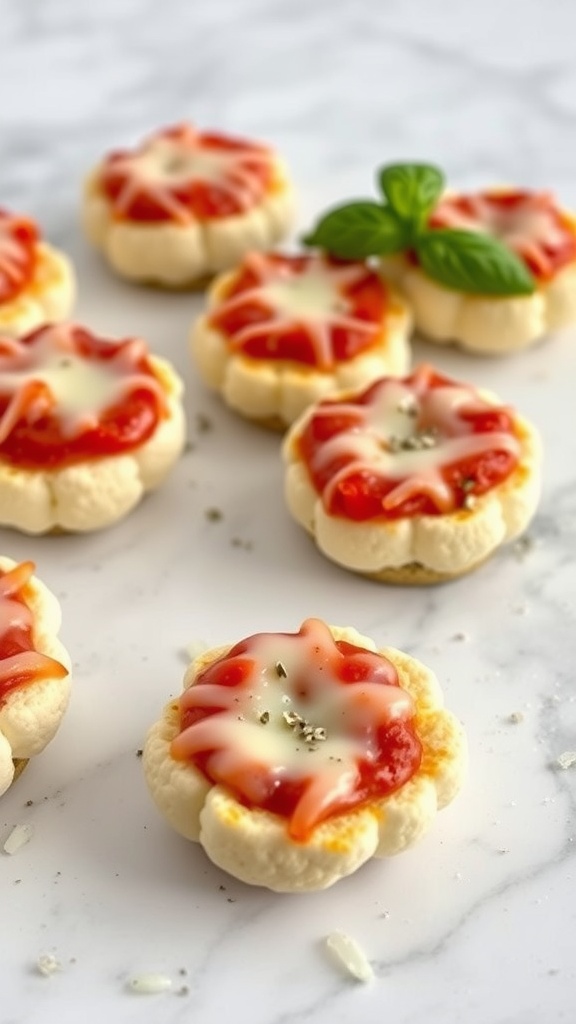 A plate of cauliflower pizza bites topped with marinara sauce and cheese.