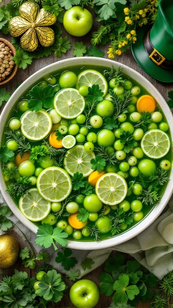 A bowl of colorful Celtic Punch with fresh fruits and herbs.