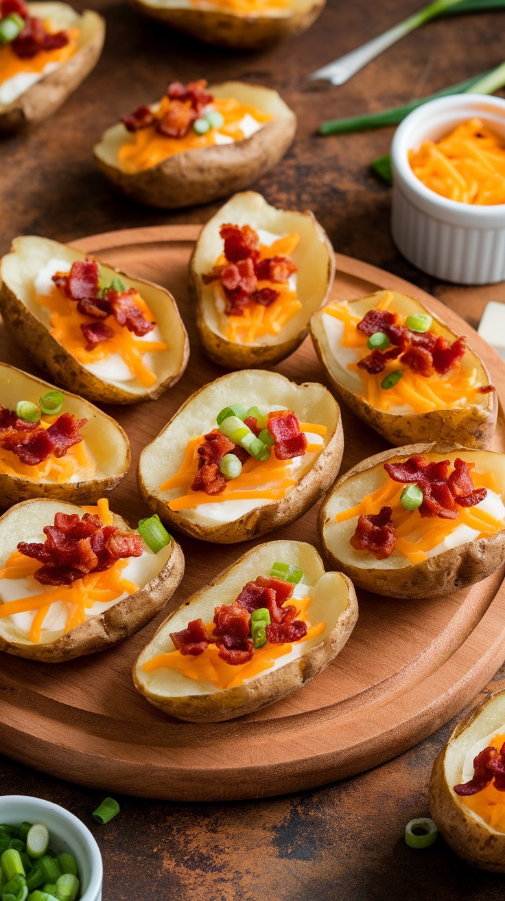 Delicious cheddar and bacon stuffed potato skins garnished with green onions on a wooden platter.