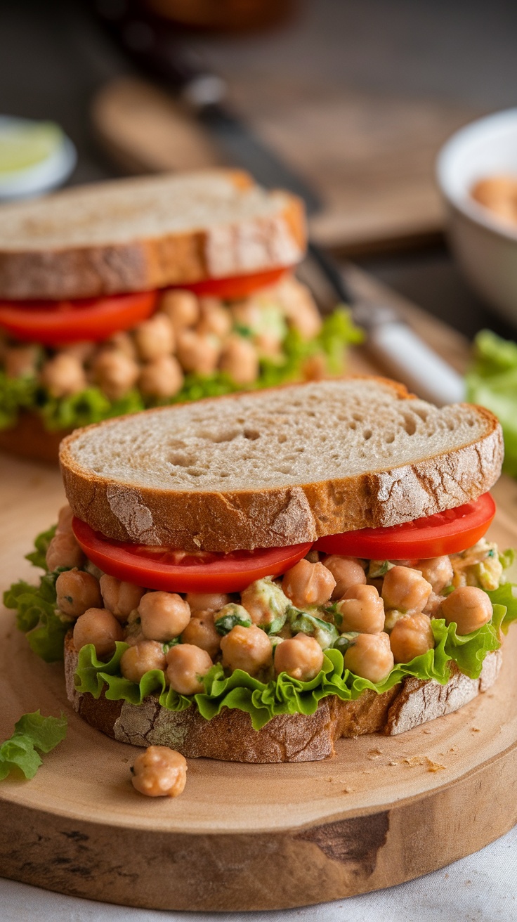 A delicious chickpea salad sandwich stacked with fresh vegetables on whole grain bread.