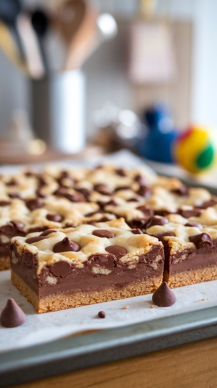 Delicious chocolate chip cookie bars cut into squares, topped with chocolate chips.