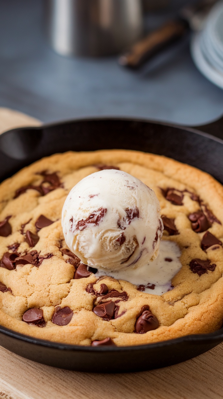 A delicious chocolate chip cookie skillet topped with vanilla ice cream