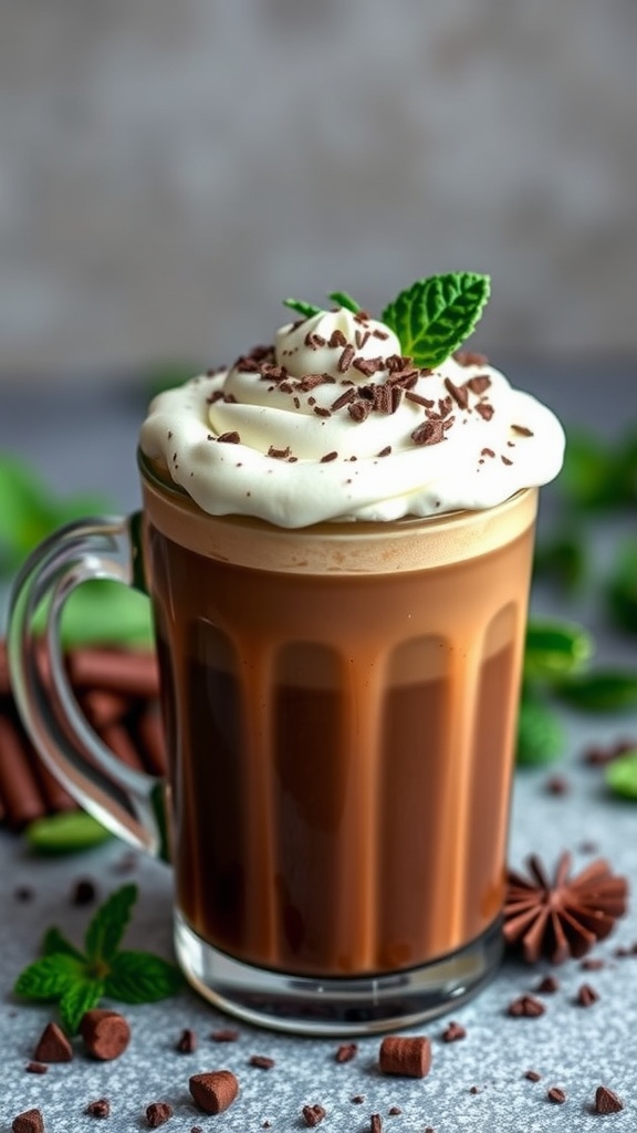 A delicious cup of Chocolate Mint Irish Coffee topped with whipped cream and chocolate shavings.