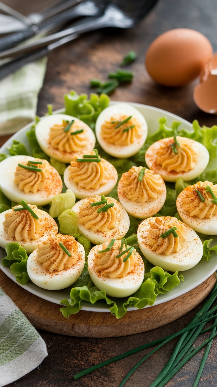 A platter of classic deviled eggs garnished with paprika and chives.