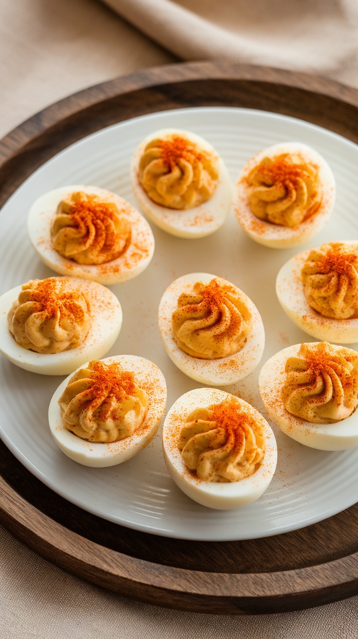 A plate of classic deviled eggs topped with paprika, arranged neatly.