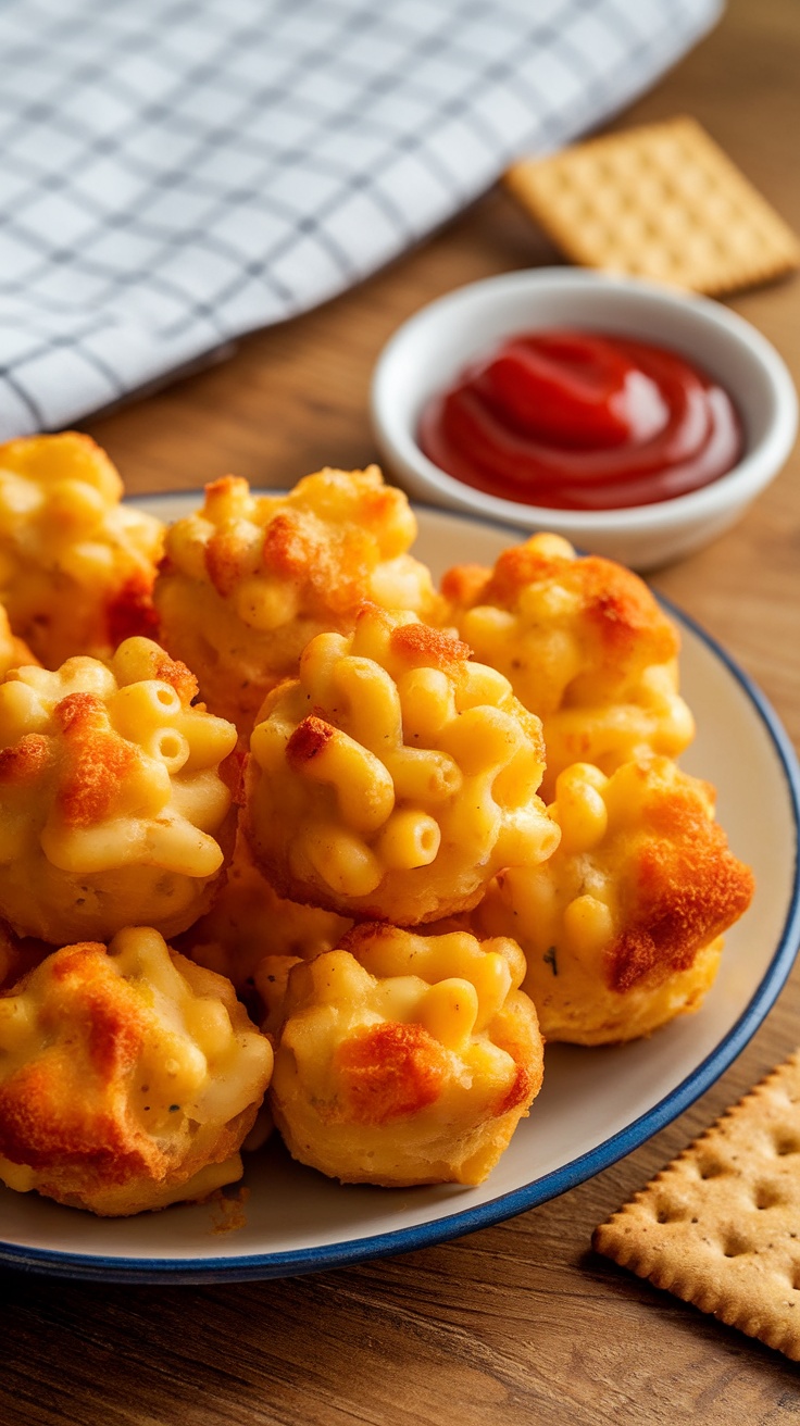 A plate of creamy mac and cheese bites with ketchup on the side