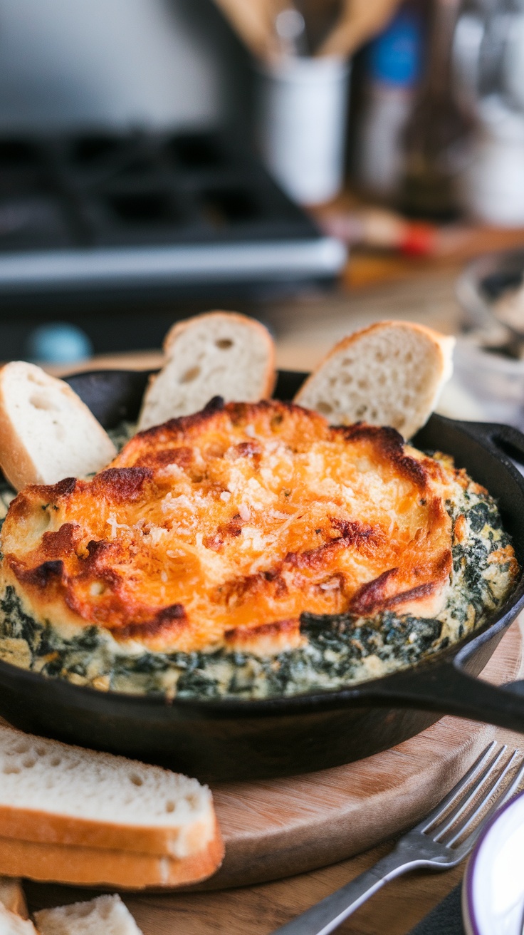 Creamy spinach artichoke dip served with slices of bread.