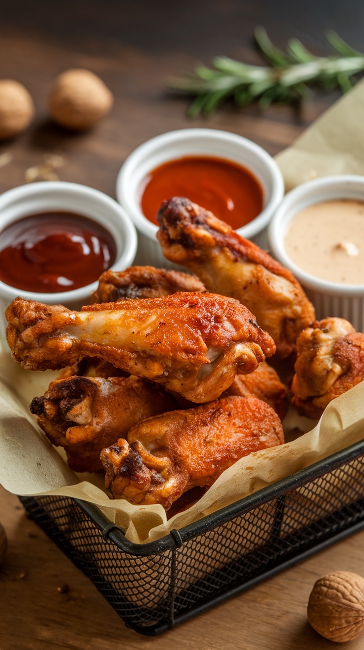 Baked chicken wings served with dipping sauces