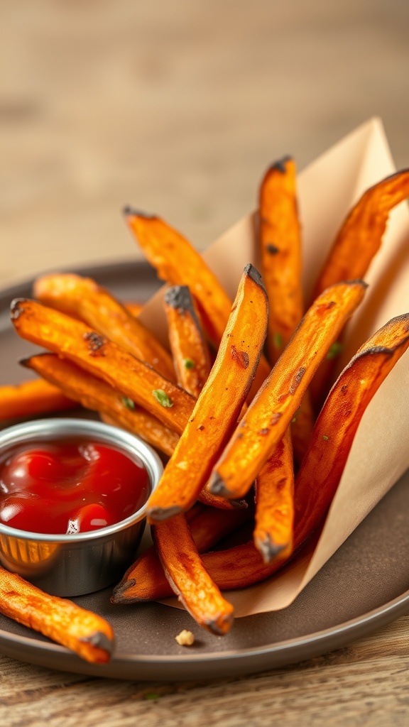 Crispy baked sweet potato fries served with ketchup