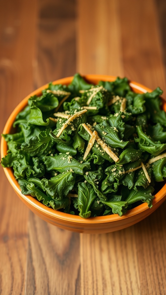 A bowl of crispy kale chips topped with nutritional yeast.