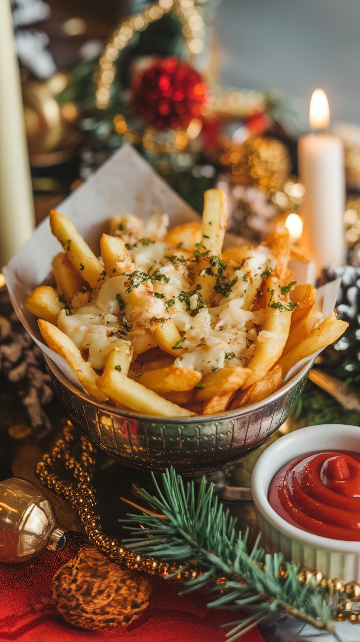 Crispy Parmesan Garlic Fries served in a bowl with a side of ketchup