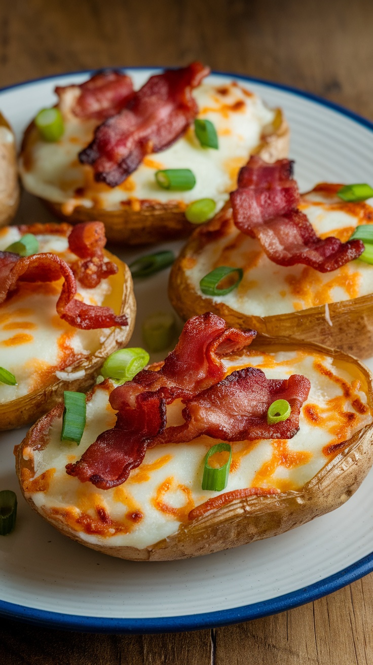 Crispy potato skins topped with cheese, bacon, and green onions.