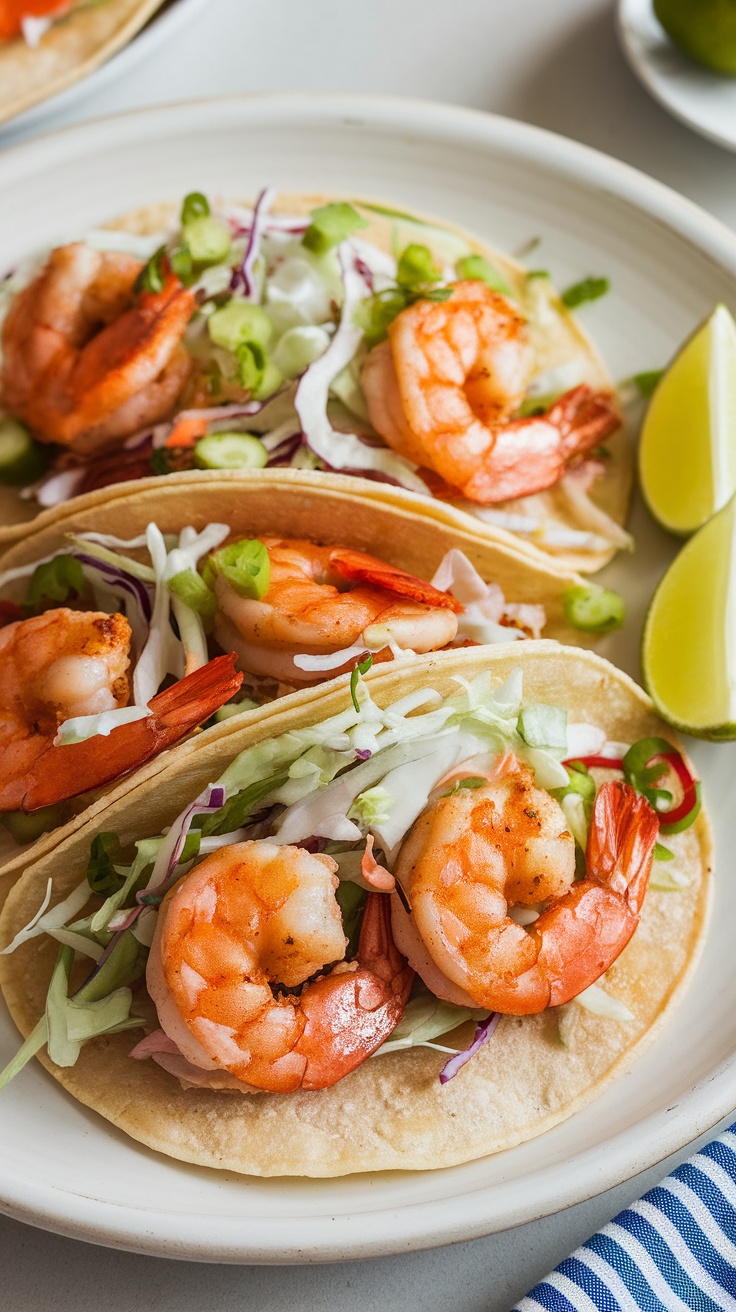 Crispy shrimp tacos with cabbage slaw and lime wedges