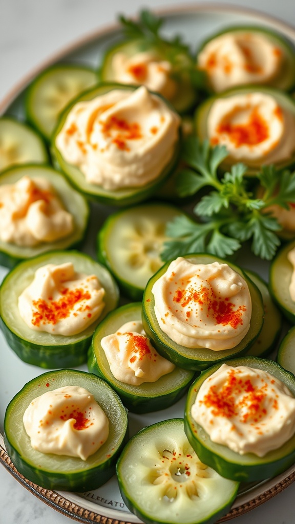 Cucumber bites topped with hummus and garnished with paprika and herbs