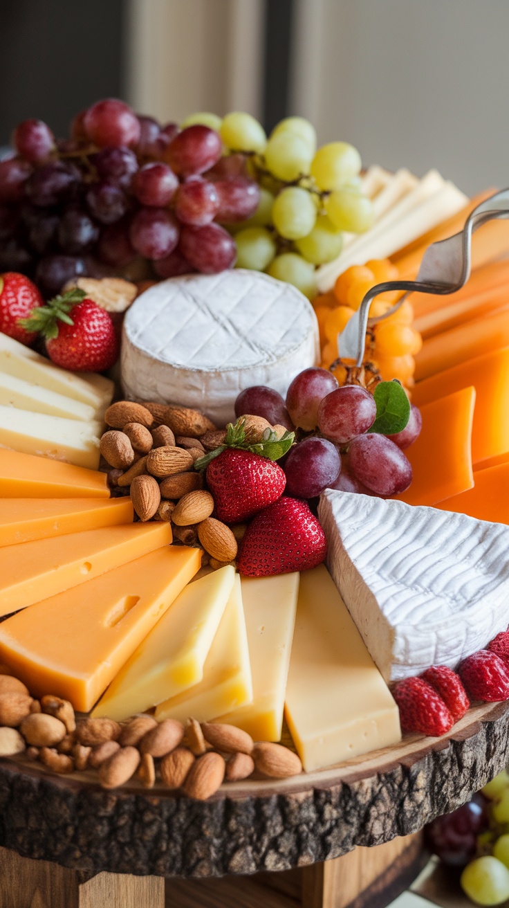 A beautifully arranged fruit and cheese board featuring various cheeses, fresh fruits, and nuts.