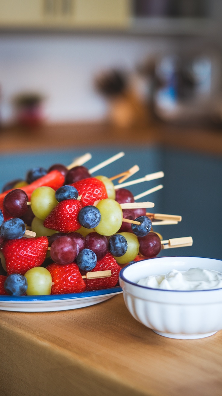 Colorful fruit skewers with a yogurt dip, perfect for game day.