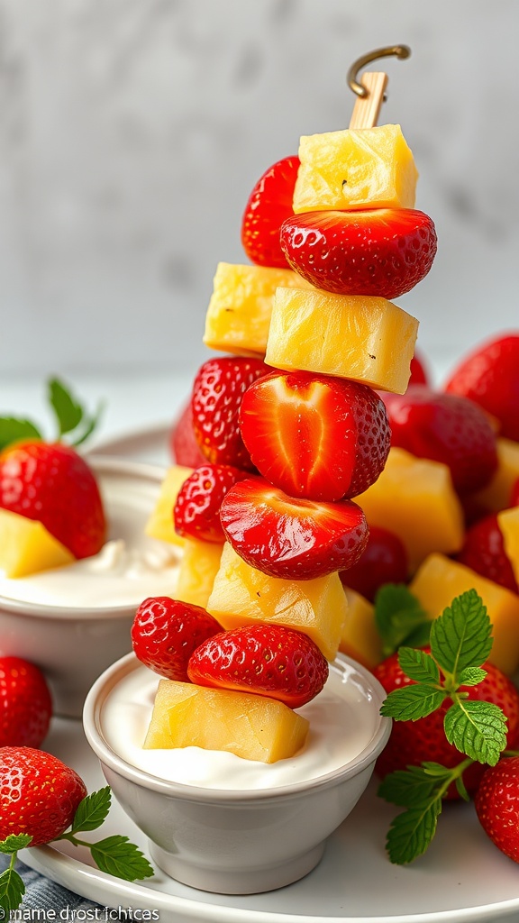 Colorful fruit skewers made with strawberries and pineapple, served with a yogurt dip.