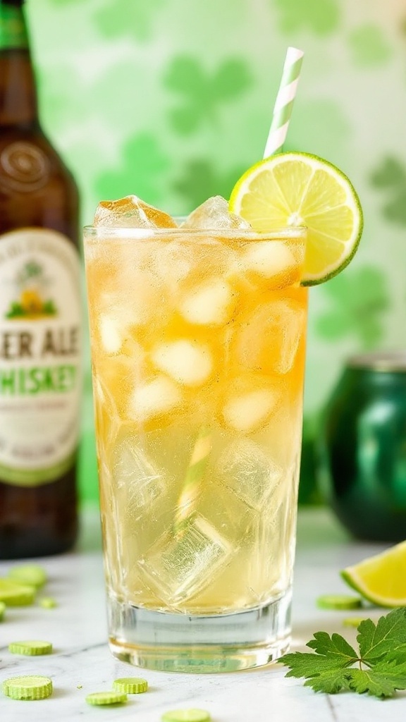 A refreshing Ginger Ale and Whiskey Spritzer cocktail in a tall glass, garnished with a lemon slice.