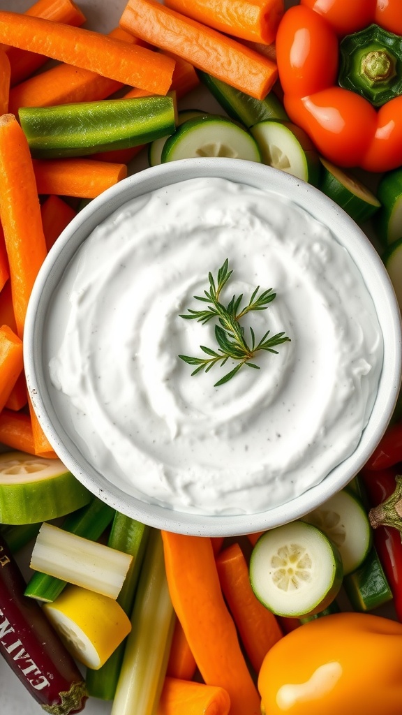 A bowl of Greek yogurt ranch dip surrounded by assorted fresh vegetables.