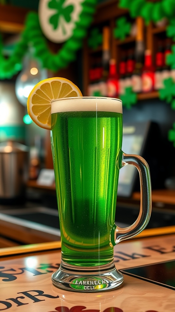 A tall glass of green beer garnished with a lemon slice, ready for St. Patrick's Day.