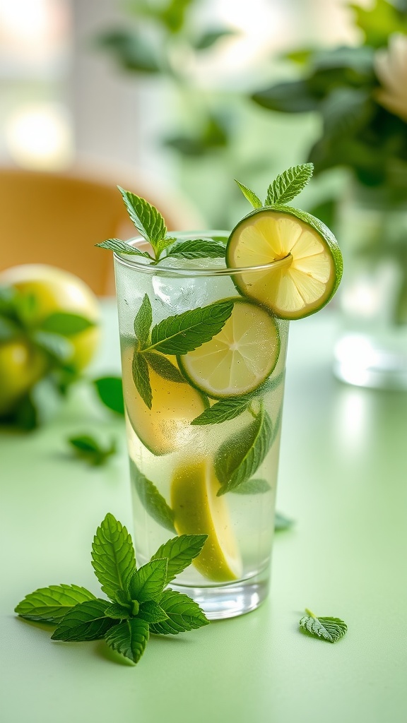 A refreshing Green Tea Mojito garnished with mint and lime in a glass.