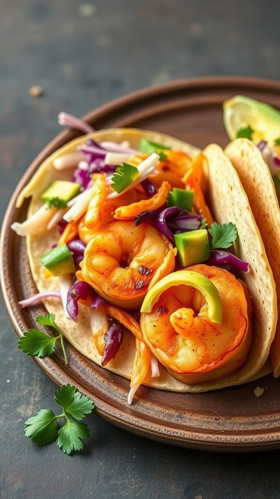 A plate of grilled shrimp tacos topped with vibrant cabbage slaw and garnished with fresh cilantro.