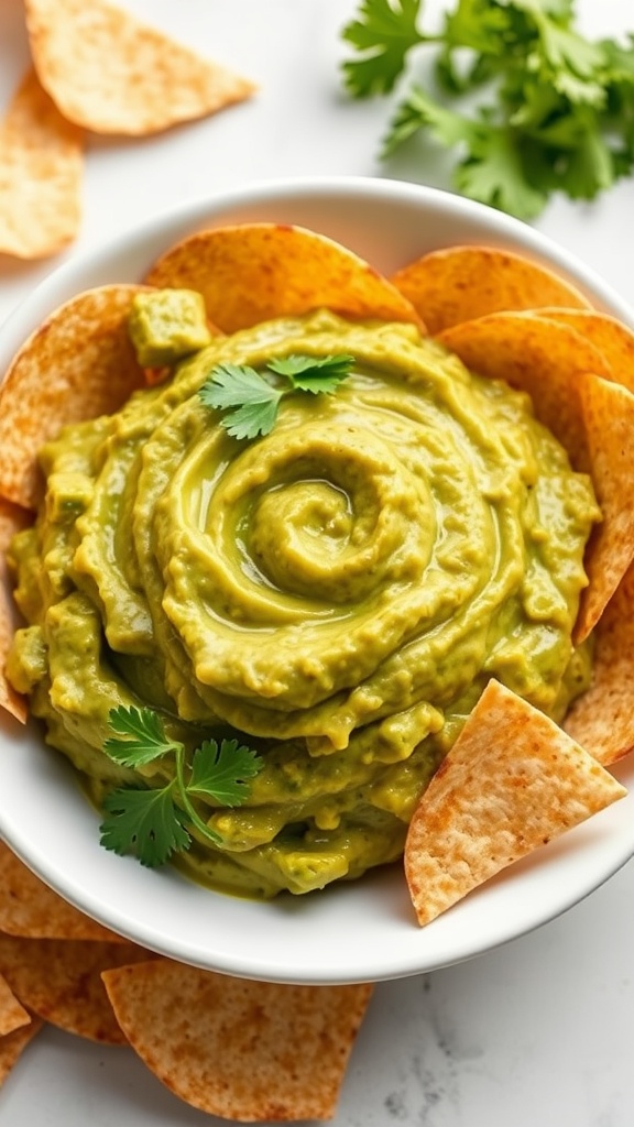 A bowl of guacamole garnished with cilantro and served with whole grain chips