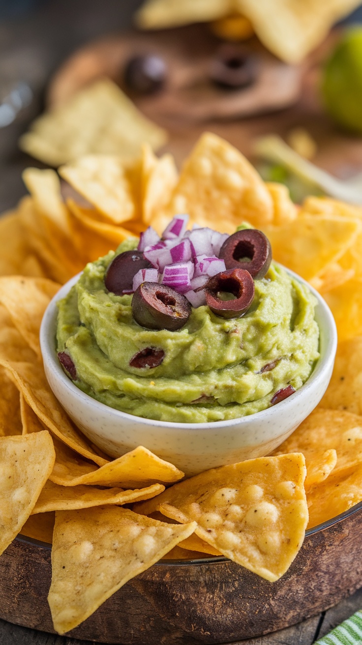 A bowl of guacamole with tortilla chips surrounding it, topped with olives and onions.