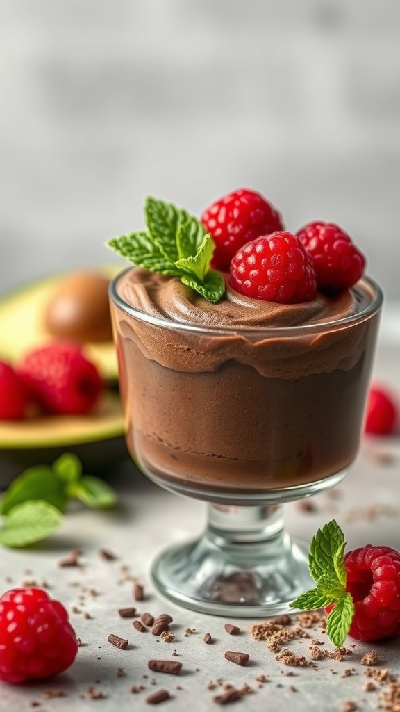 A rich chocolate avocado mousse topped with raspberries and mint leaves in a glass dessert cup.