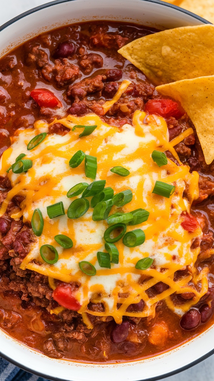 A bowl of hearty chili topped with cheese and green onions, served with tortilla chips.