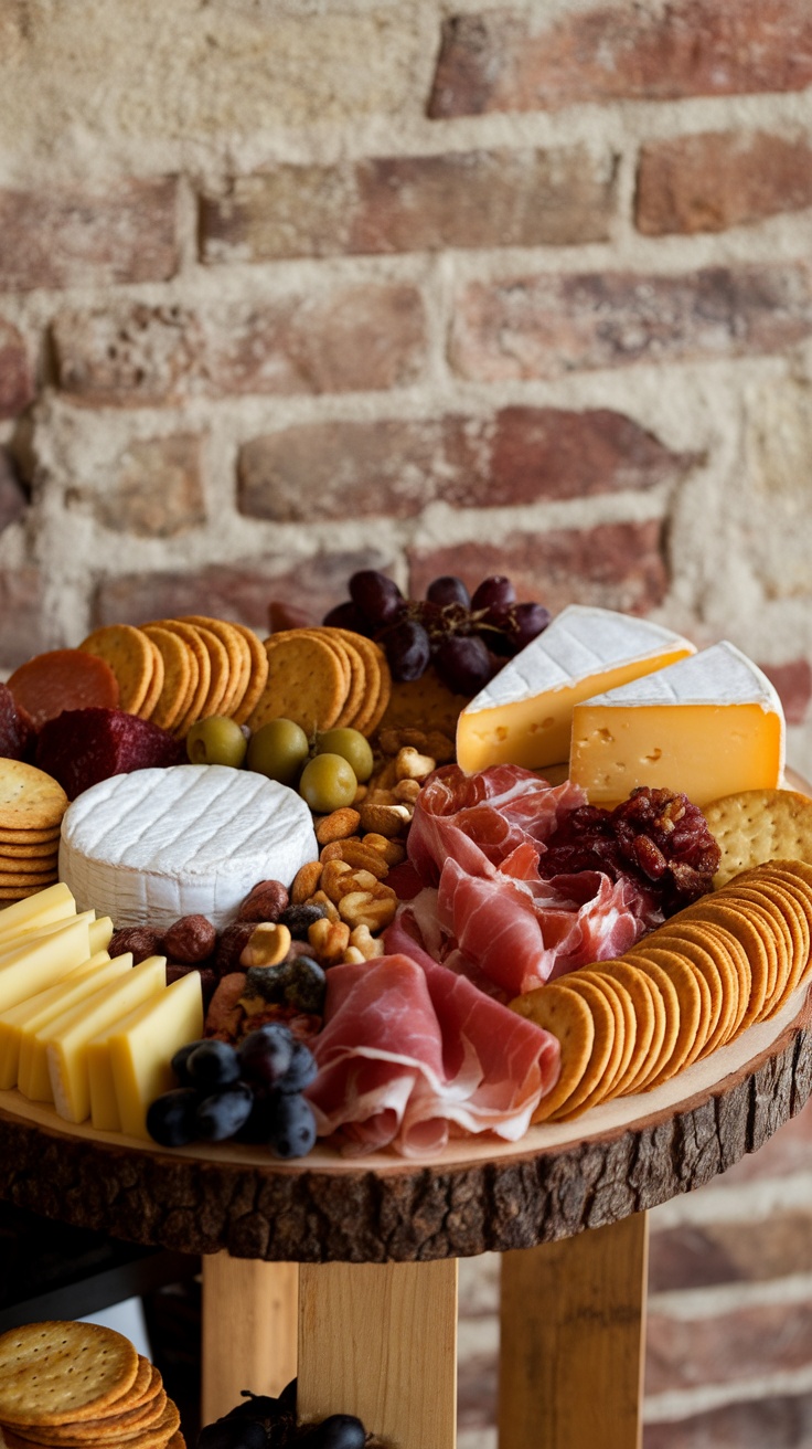 A beautifully arranged herbed cheese and charcuterie board featuring various cheeses, cured meats, crackers, nuts, and fruits.